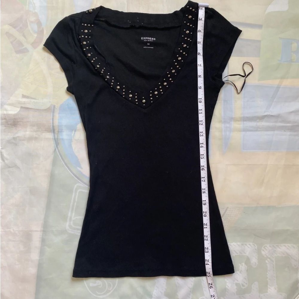 Express Sexy Basics Black W/ Studded Trim Cap Sleeve V-Neck Top Women Size XS - Picture 9 of 9